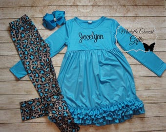 Girls Teal Set, Girls Turquoise Outfit, Leopard Leggings, Personalized Embroidery, Monogrammed Toddler Girls 12M 18M 2 3 4 5 6 7 8 9 10 12