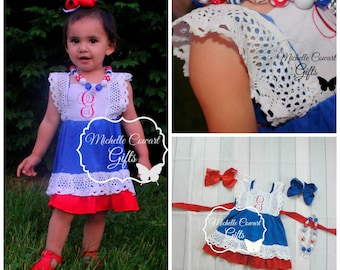 Red White Blue Labor Day Dress Girls Dress Toddler Dress Monogram Dress Monogrammed Dress 12M 18M 2T 3T 4T 5 6 7 8 Troops 4th of Jul Beach