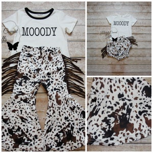 Girls Cow Outfit, Baby Girls Cow High Waisted Bummies, Moody Outfit, Cow Fringe Outfit, Birthday Outfit, Girls Cow Set, Baby Cow Outfit, RTS