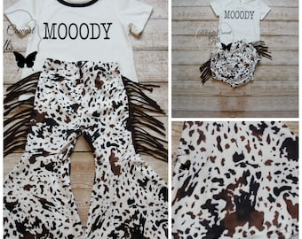 Girls Cow Outfit, Baby Girls Cow High Waisted Bummies, Moody Outfit, Cow Fringe Outfit, Birthday Outfit, Girls Cow Set, Baby Cow Outfit, RTS