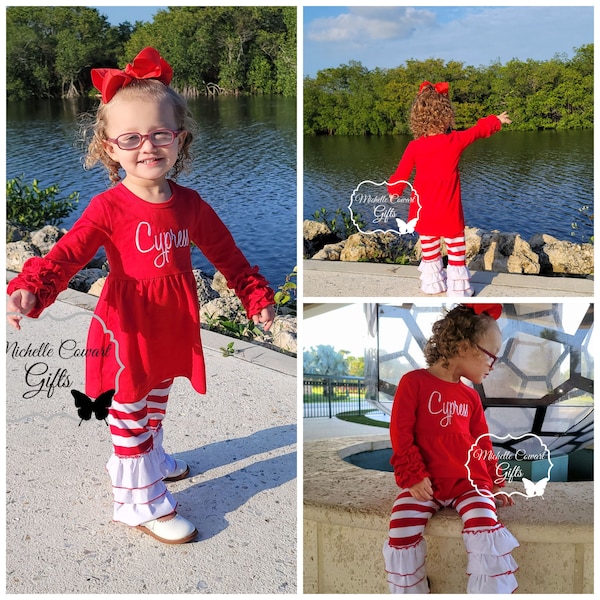 Girl's Red White Outfit, Girls Christmas Set, Toddler, Red White Set Personalized, Monogrammed Set, 12M 18M 24M 2T 3T 4T 5, 6, 7, 8