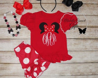 Monogram Short Outfit, Birthday Outfit, Shorties Set, Red Ruffle, Minnie Mouse, 12M, 18M, 2T, 3T, 4T, 5, 6, 7, 8, 10, Short Set, Disney Trip