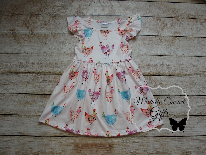 Girls Chicken Dress, Girls Summer Dress, Milk Sleeve Flutter Sleeve Dress, Twirl Dress, Girls Toddler 12M 18M 24M 2T 3T 4T 5/6, 6/7 7/8, RTS Dress Only