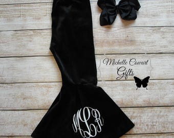 Girls Black Velvet Pants, Girls Velvet Pants, Girls Monogram Pants, Black Wide Leg Pants, Bell Bottoms, Black Pants, 12M 18M 2T 3T 4T 5, RTS