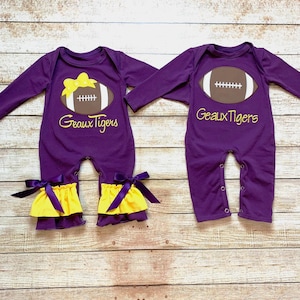 LSU Romper, Football Romper, Geaux Tigers Romper, Baby Romper, Baby Football Romper, Purple Football Romper Newborn, 3M, 6M, 9M, 12M 18M 2T