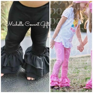 Black Triple Ruffle Pants Red Denim Pink Gray Charcoal Brown White Bells Belles Leggings 6M 9M 12M 18M 2T 3T 4T 5 6 7 8 RTS Girls School