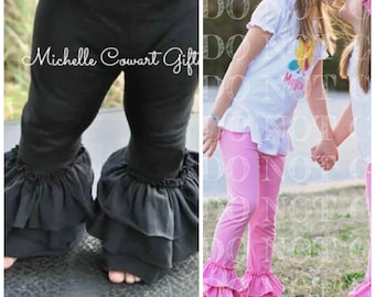 Black Triple Ruffle Pants Red Denim Pink Gray Charcoal Brown White Bells Belles Leggings 6M 9M 12M 18M 2T 3T 4T 5 6 7 8 RTS Girls School