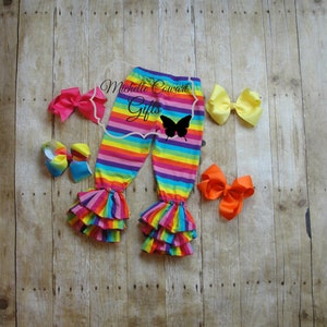 Girls Pants Rainbow Stripe Triple Ruffle Pants Rainbow Bells Leggings 6M 9M 12M 18M 2T 3T 4T 5 6 7 8 Girls Toddlers Rainbow Bright RTS image 4