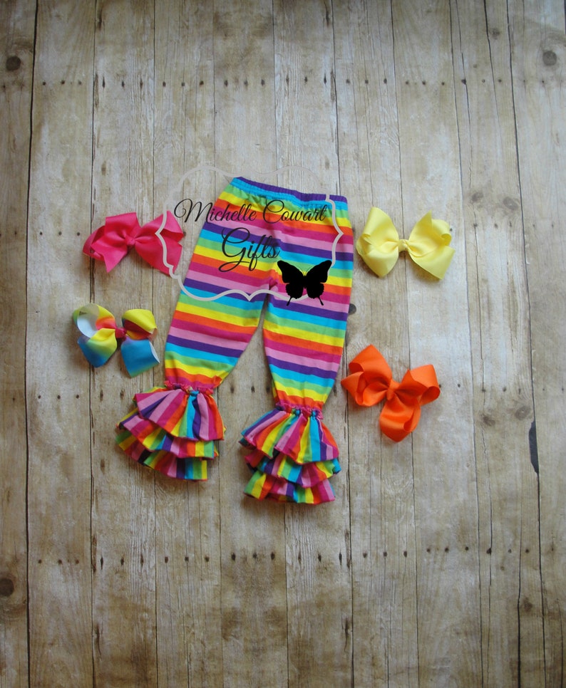 Girls Pants Rainbow Stripe Triple Ruffle Pants Rainbow Bells Leggings 6M 9M 12M 18M 2T 3T 4T 5 6 7 8 Girls Toddlers Rainbow Bright RTS image 4