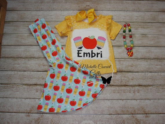 Girls School Outfit, Pencils and Apples Outfit, Girls Outfit, 2T, 3T, 4T, 5, 6, 7, 8, 9, 10 12 14 RTS, Flair Pants for School, Bleach Look