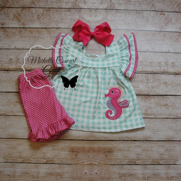 Girls Summer Short Outfit, Girls Short Outfit, Toddler Short Outfit, Aqua Set, Hot Pink Outfit, 12M 18M 24M 2T 4T 5 7 8, Sea Horse Set