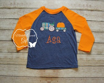 Camiseta raglán con parche de calabaza para niño, camiseta de tractor, camiseta personalizada de Acción de Gracias para niño, camiseta de Acción de Gracias, camiseta con parche de calabaza, 18 M 24 M 2 3 4 5 6 7