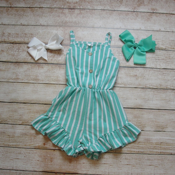 Girls Aqua Stripe Jumpsuit, Girls Romper, Stripe Short Set, 18M, 24M, 2T 3T 4T 5 6 7 Special Price, One Piece Romper, Spring, Summer, RTS