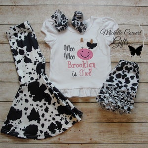Moo Moo is One Birthday Shirt, Two Birthday, Cow Birthday Shirt, Girls Cow Pants, Cow Print Bell Bottoms, Farm Theme Birthday, Farm Outfit