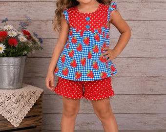 Girls Strawberry Outfit, Short Outfit, Girls Short Outfit, Toddler Short Outfit, Girls Summer Outfit, 9M 12M 18M 2T 3T 4T 5 6 7 8 9 RTS