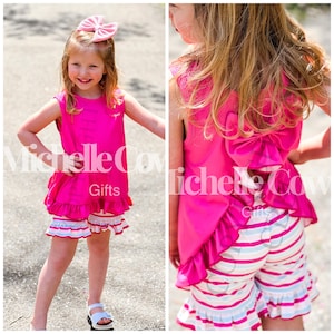 Girls Pink Bow Back Short Outfit, 6M 9M 12M 18M 2T 3T 4T 5 6 7 8 Girls Outfit, Girls Summer Outfit, Girls School Outfit, RTS, Free Shipping image 1