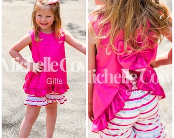 Girls Pink Bow Back Short Outfit, 6M 9M 12M 18M 2T 3T 4T 5 6 7 8 Girls Outfit, Girls Summer Outfit, Girls School Outfit, RTS, Free Shipping