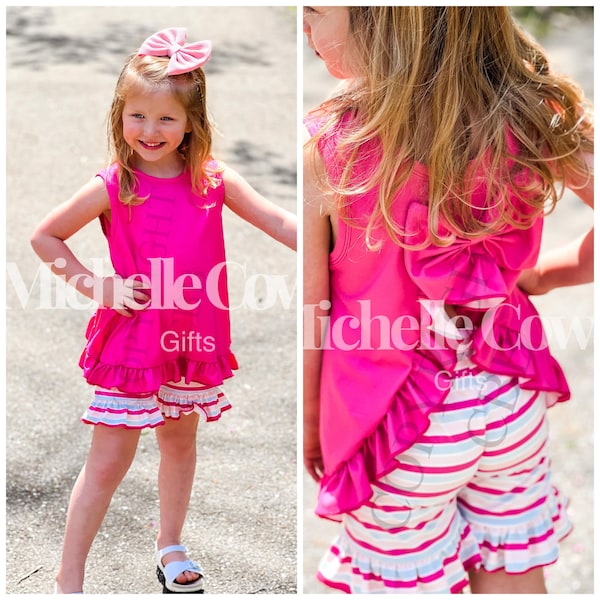 Girls Pink Outfit, Girls Pink Bow Back Short Outfit, 6M 9M 12M 18M 2T 3T 4T 5 6 7 8 Girls Outfit, Girls Summer Outfit, Girls Short Outfit