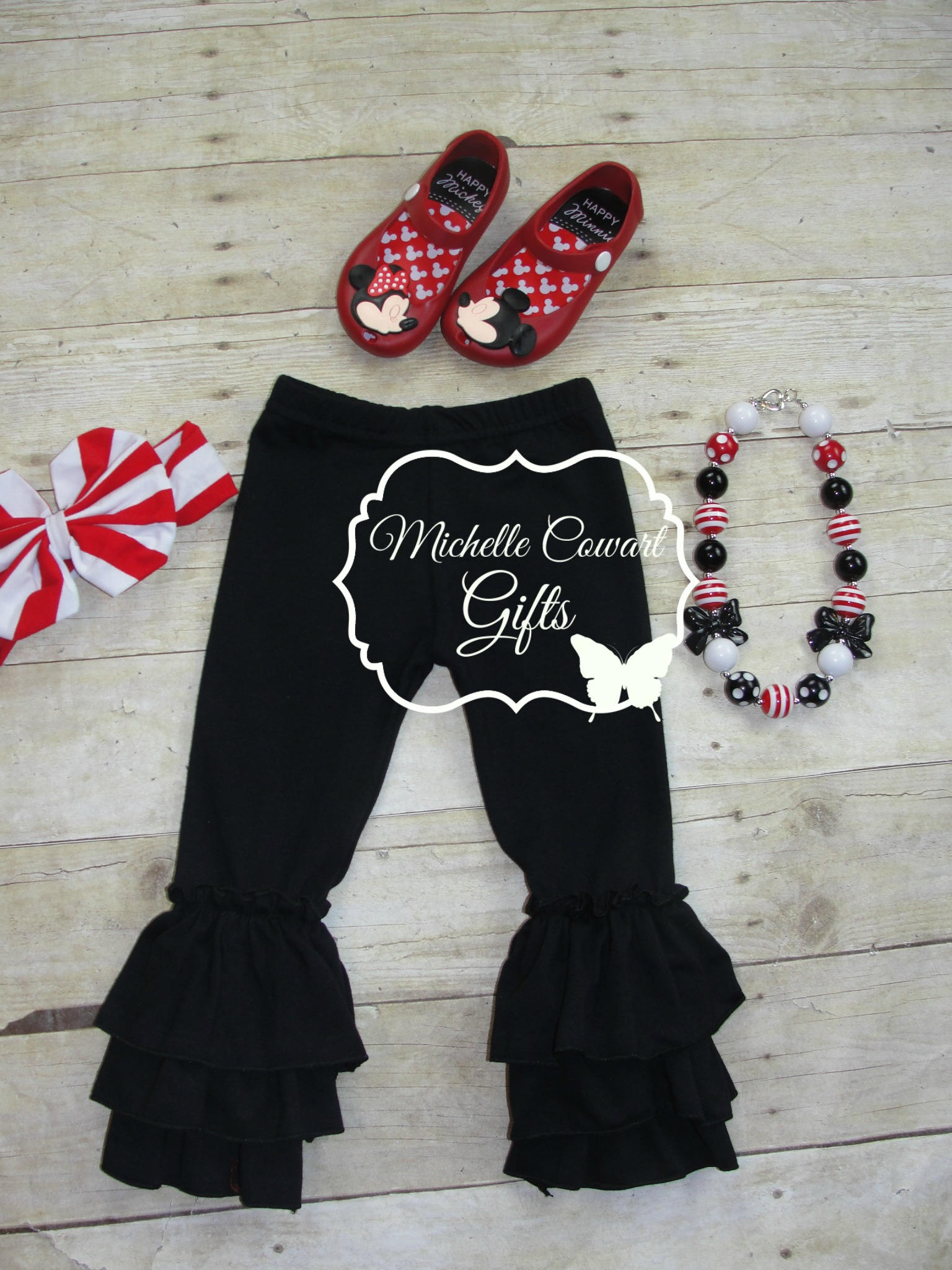 Black Triple Ruffle Pants Red Denim Pink Gray Charcoal Brown White