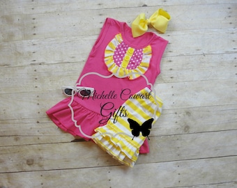 Girls Pink Yellow Short Outfit, Girls Summer Outfit, Girls Spring Outfit, Girls Toddler Yellow Hot Pink, Pink Lemonade 12M 18M 2T 3T 4T 5/6
