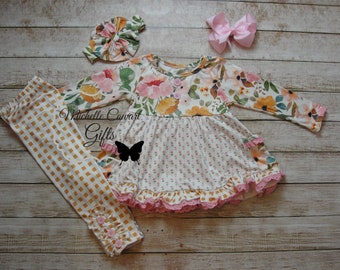 Girl Floral Outfit, Girls Summer Outfit, Girls School Outfit, Toddler, School, 9M, 12M, 18M, 2T, 3T, 4T, 5, 6, 7, 8, 9, 10, 12, 14, RTS