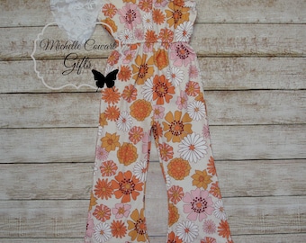 Girls One Shoulder Jumpsuit, Girls Romper, Girls Groovy Jumpsuit, Floral Jumpsuit, 12M 18M 2T 3T 4T 5 6 7 8 9 One Piece Romper, Retro Hippie