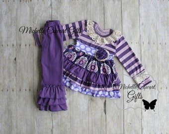 Girls Purple Outfit Purple Set Ruffle Pants, Toddler Set 9M 12M 18M 2T 3T 4T 5 6 7 8 9 10 12 14 16 Matilda Jane, Summer, School, Fall,RTS