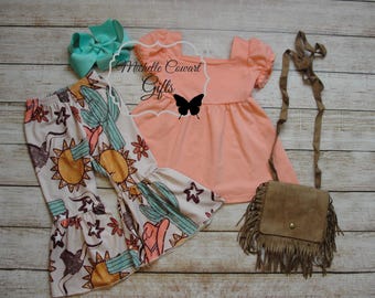 Girls Western Theme Outfit Girls Peach Outfit Western Outfit 9M 12M 18M 2T 3T 4T 5 6 7 8 9 Girls Navajo Outfit, Girls Toddler Western Outfit