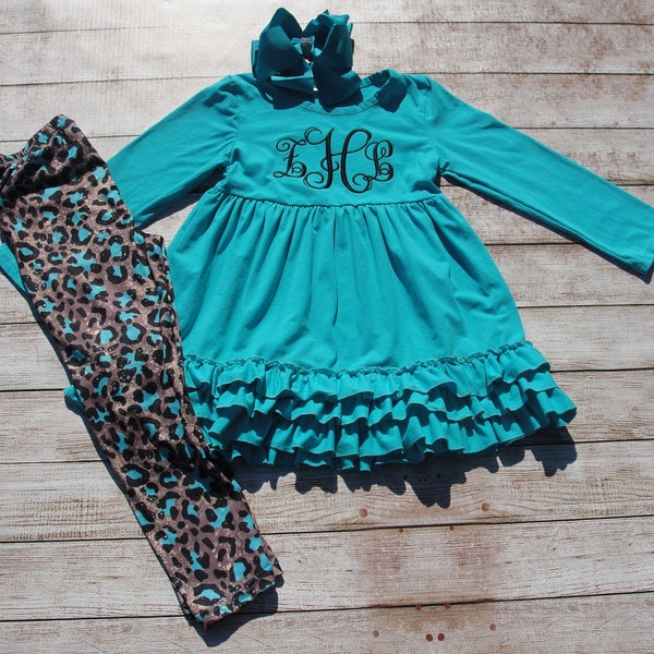 Girls Teal Set, Girls Turquoise Outfit, Leopard Leggings, Personalized Embroidery, Monogrammed Toddler Girls 18M 24M 2T 3T 4T 5 6 7 8