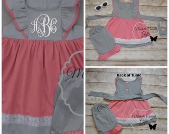 Girls Coral Outfit, Girls Gray Outfit, Girls Summer Outfit, Girls Summer Set, Girls Monogram Short Outfit, 12/18M 2T, 3T, 4T, 5/6, 6/7, RTS