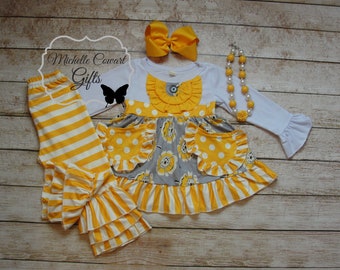 Girls Mustard Outfit, Girls Yellow Outfit 9M 12M 18M 24M 2T 3T 4T 5/6 6/7 7/8 8/9 10 12 14 Matilda Jane Inspired Ruffle Pants Outfit