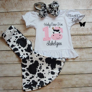 Holy Cow I&#39;m One Birthday Shirt, Two Birthday, Cow Birthday Shirt, Girls Cow Pants, Cow Print Bell Bottoms, Farm Theme Birthday, Farm Outfit
