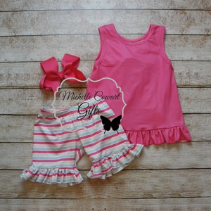 Girls Pink Bow Back Short Outfit, 6M 9M 12M 18M 2T 3T 4T 5 6 7 8 Girls Outfit, Girls Summer Outfit, Girls School Outfit, RTS, Free Shipping Outfit & Pink Bow