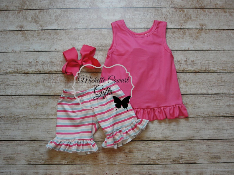 Girls Pink Bow Back Short Outfit, 6M 9M 12M 18M 2T 3T 4T 5 6 7 8 Girls Outfit, Girls Summer Outfit, Girls School Outfit, RTS, Free Shipping Outfit & Pink Bow