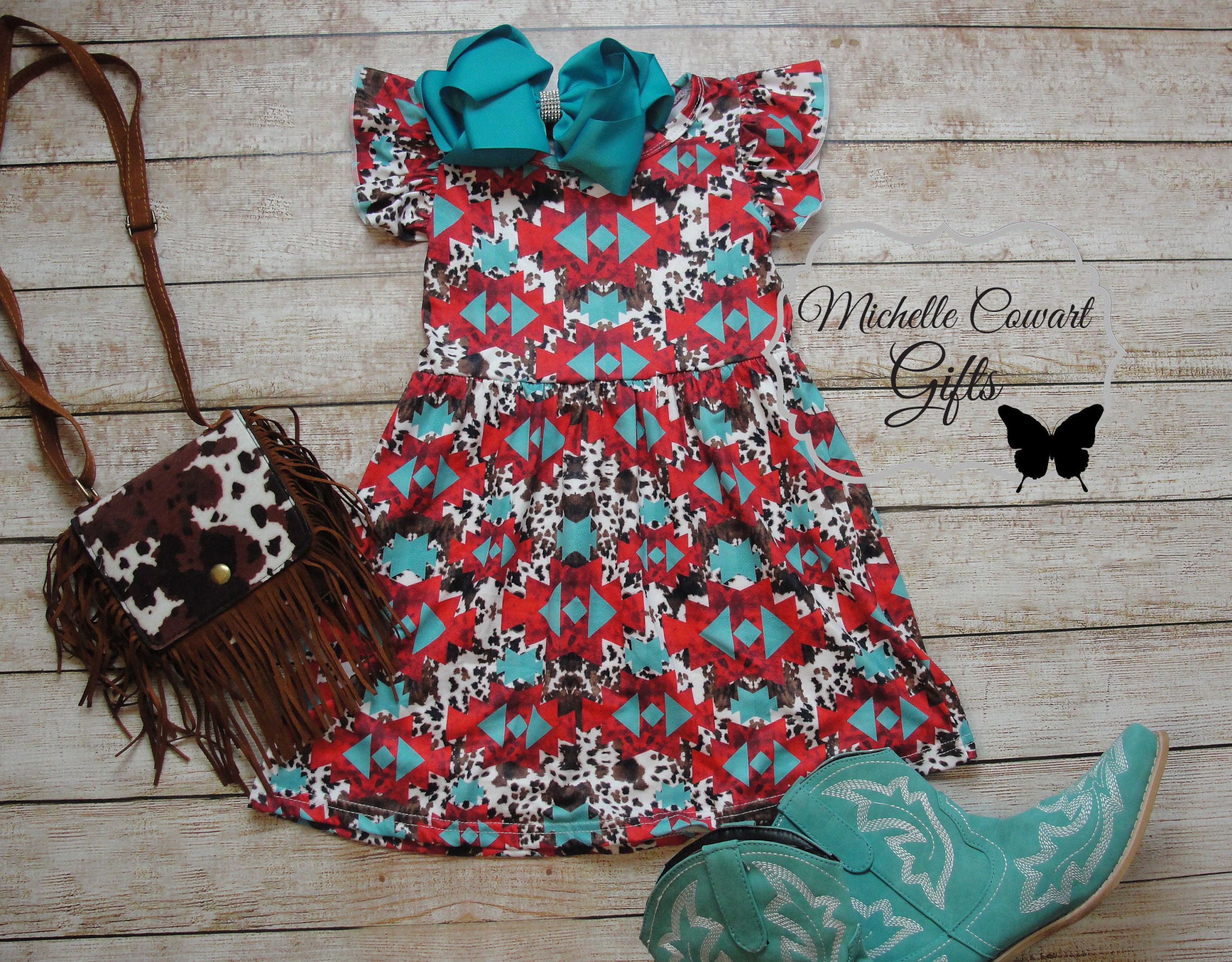 Girls Western Print Dress, Girls Cow Print Dress, Girls Turquoise