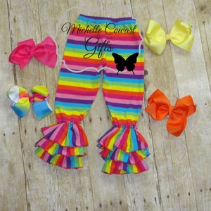 Girls Pants Rainbow Stripe Triple Ruffle Pants Rainbow Bells Leggings 6M 9M 12M 18M 2T 3T 4T 5 6 7 8 Girls Toddlers Rainbow Bright RTS image 8
