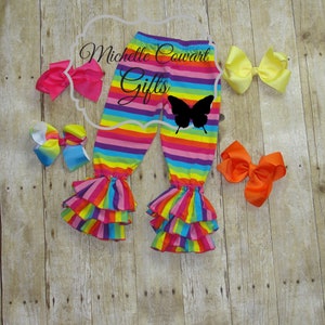 Girls Pants Rainbow Stripe Triple Ruffle Pants Rainbow Bells Leggings 6M 9M 12M 18M 2T 3T 4T 5 6 7 8 Girls Toddlers Rainbow Bright RTS image 9