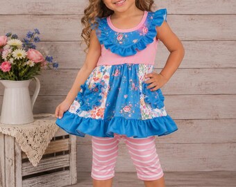 Girls Floral Capri Set, Toddler Capri Set, Blue, Coral, 12M, 18/24M, 2/3, 3/4, 5/6, 6/7, 7/8, 8/9, Girls Summer Outfit
