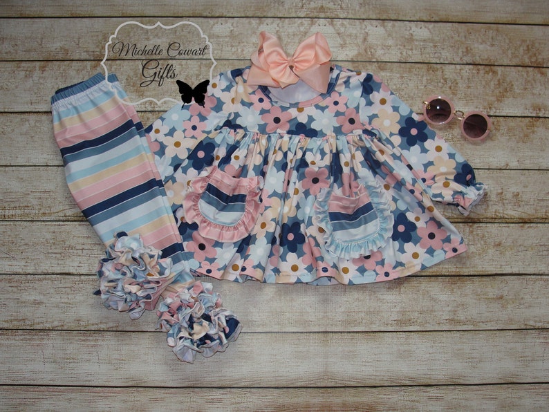 Girl Blue Stripe Outfit, Girls Fall Outfit, Toddler, 12M, 18M, 24M, 2T, 3T, 4T, 5, 6, 7, 8, 10, 12, 14, RTS, Girls Winter Outfit, School bild 6