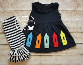 Girls School Outfit, Girls School Set, 2/3 3/4 4/5 5/6 6/7 7/8 8/9 10, Girls Capri Outfit, first day of school Crayons Outfit Navy Outfit