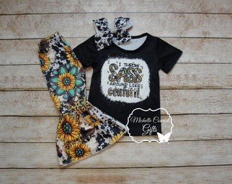 Girls Sunflower Outfit, Girls Sassy Outfit, Girls Western Outfit, Throw Sass around like confetti, 9M 12M  18M 2T 3T 4T 5/6 7/8 8/9 10/12 14