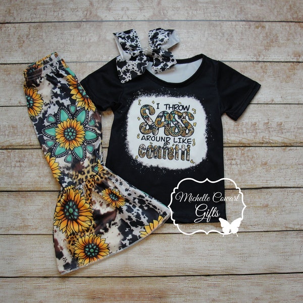 Girls Sunflower Outfit, Girls Sassy Outfit, Girls Western Outfit, Throw Sass around like confetti, 9M 12M 18M 2T 3T 4T 5 6 7 8 9 Miss Sassy
