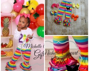 Girls Pants Rainbow Stripe Triple Ruffle Pants Rainbow Bells Leggings 6M 9M 12M 18M 2T 3T 4T 5 6 7 8  Girls Toddlers Rainbow Bright RTS