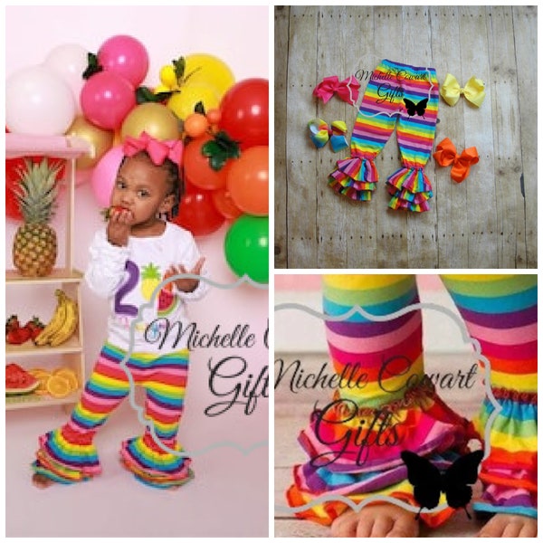 Girls Pants Rainbow Stripe Triple Ruffle Pants Rainbow Bells Leggings 6M 9M 12M 18M 2T 3T 4T 5 6 7 8  Girls Toddlers Rainbow Bright RTS