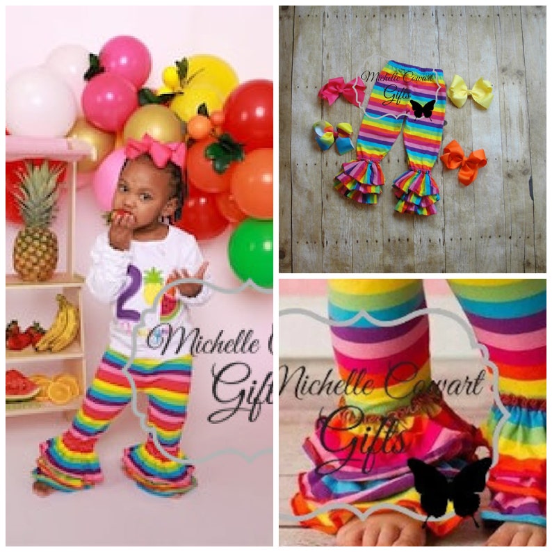 Girls Pants Rainbow Stripe Triple Ruffle Pants Rainbow Bells Leggings 6M 9M 12M 18M 2T 3T 4T 5 6 7 8 Girls Toddlers Rainbow Bright RTS image 1