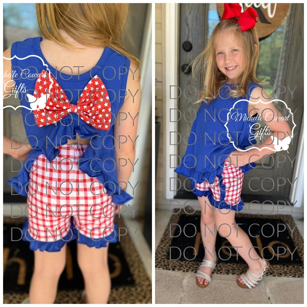 Girls Red White Blue Bow Back Short Outfit, 12M 18M 24M 2T 3T 4T 5 6 7 8 9 10 12 Girls Outfit, Girls 4th of July Outfit, Free Shipping, RTS