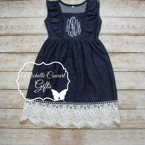 Monogrammed Dress Denim & Lace Dress, Denim Dress, 12M 18M 2T 3T 4T 5 6 7 8 10 12, Girls Fall Dress, Wedding, Cowgirl Dress, Father Dance image 3