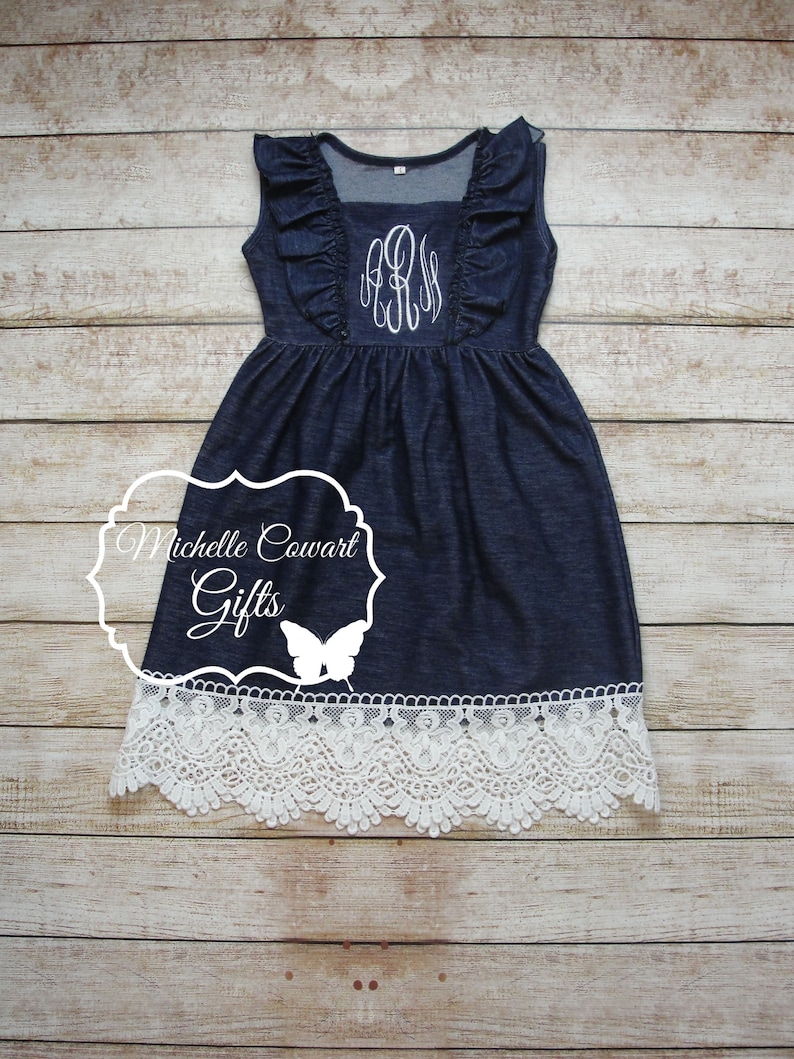 Monogrammed Dress Denim & Lace Dress, Denim Dress, 12M 18M 2T 3T 4T 5 6 7 8 10 12, Girls Fall Dress, Wedding, Cowgirl Dress, Father Dance image 3