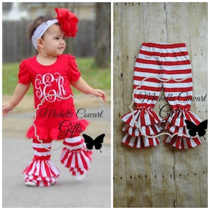 Red White Stripe Leggings Bells Truffles Red White Stripe Pants Belles Ruffle 6M, 9M, 12M, 18M, 24M, 2T, 3T, 4T, 5 6, 7, 8, 10, 12, RTS