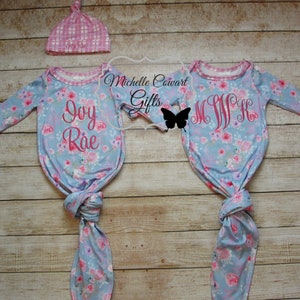 Baby Gown, Knotted Gown, Shower Gift, Bring Home, Monogram Infant Gown, Infant Knotted Gown, Floral Gown, One Size 0/6M, Baby Shower Gift